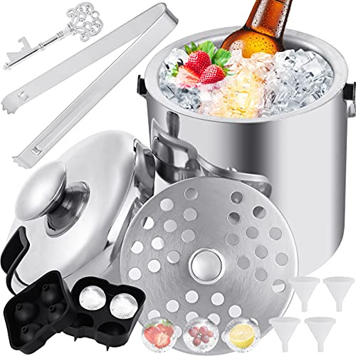 Faburo 8 Piece Ice Bucket Set 1.3 L Double Ice Bucket Stainless Steel with Ice Clip Bottle Opener Water Injection Funnel and Ice Cube Moulds for Best Cooling