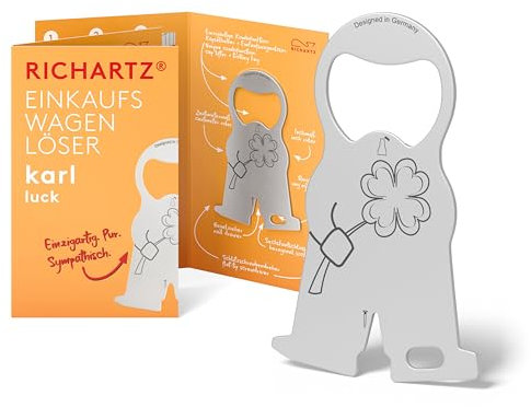 RICHARTZ EINKAUFSWAGENLÖSER karl luck| Multitool Schlüsselanhänger | 9 praktische Funktionen | matt gestrahlter Edelstahl | Schlüsselanhänger Werkzeug inkl. Funktionsbeschreibung