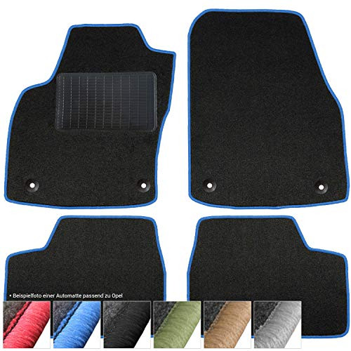 moto-MOLTICO Fußmatten Auto - Velours Autoteppiche passend für Opel Tigra B Twin Top (2004-2009) - 2-teiliges Set - Schwarze Automatten mit Blauen Ziernähten