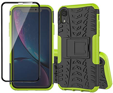 Yiakeng Handyhülle für iPhone XR Hülle, mit Schutzfolie, Stoßfest Schlank Silikon 360 Grad Schutz Mit Ständer für Apple iPhone XR (Grün)