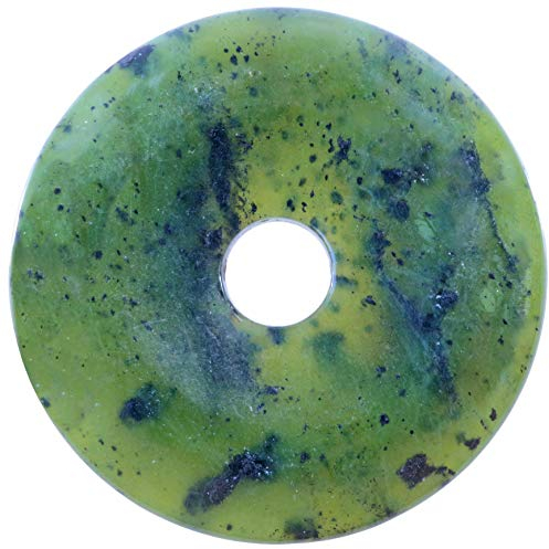 Lebensquelle Plus Edelstein Donut Ø 40 mm + Baumwollband + Edelsteinkarte | Naturstein Anhänger Halskette | Echte Heilsteinkette inkl. Band (Nephrit Jade)