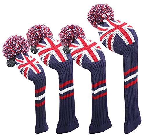 Big Teeth Golf Wood Club Headcovers Knitted PomPom Set 4packs 460cc Driver Fairwaywood Hybrid UT Rescue Club Protection Flag Design(UK Flag)