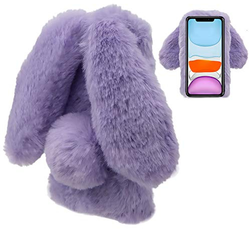 LCHDA Plush Case for iPhone 13 Mini 5.4 Inch Fluffy Rabbit Fur Artificial Rabbit Fur Cute Rabbit Ears Girls Cute Mobile Phone Case Shockproof Protective TPU Silicone Case - Purple