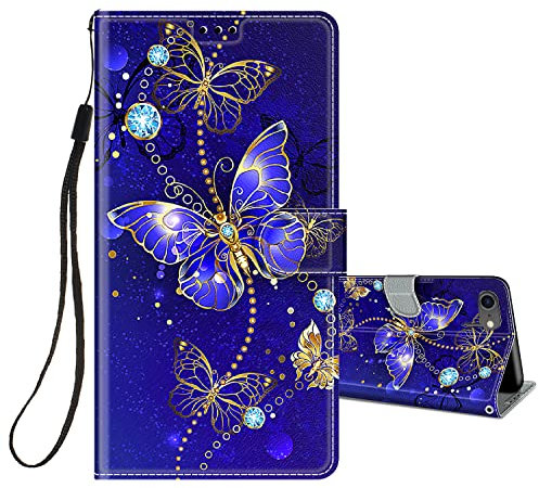 Flip Case for iPhone SE 2020 / 2022 5G - Protective Wallet Case with Kickstand, Card Slot Holder, Silicone Shockproof Cover - Butterfly/Blue