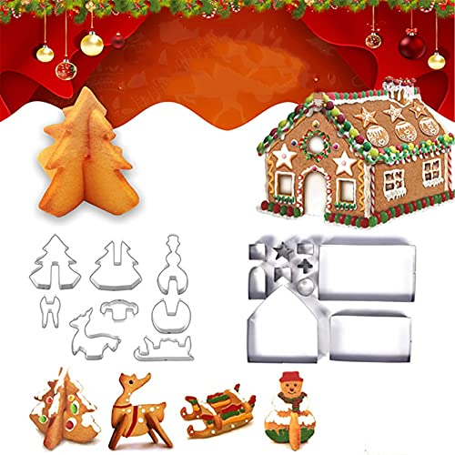 CHSEEO 3D Christmas Gingerbread House Cookie Cutter Set, 18Pcs Stainless Steel Sandwich Bread Donut Biscuit Stamp Vegetable Fruit Cutter Pastry Molds Set for DIY Baking Fondant Decoration #1