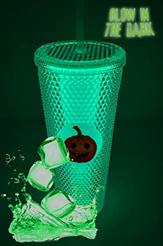 Nadia's Little Treasures Glow in The Dark Halloween/Gaming Studded Cup Tumbler Straw Lid - Plastic Double Walled Cup for iced Coffee, Water, Slush or Smoothies - Cold Drinks only (24OZ / 700ml)