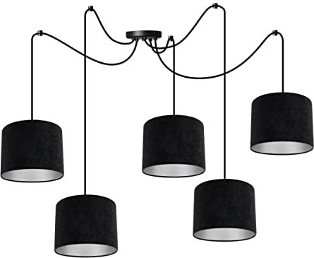 Light-Home Milan Spider Hängelampe - Hängeleuchte in Spinnenform - Deckenlampe – Spinne Lampe mit 5 Kopf - Hängeleuchte aus Metall und Stoff - E27 - Schwarz und Silber