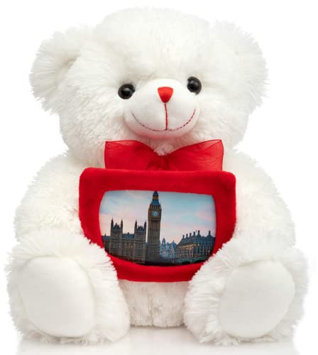 BEJOY Teddy Bear Stuffed Animal Plush Bear Holding a Picture Frame Soft Toy | Plush Bear with Red Bow Christmas Valentine's Day Gift 12 Inches White