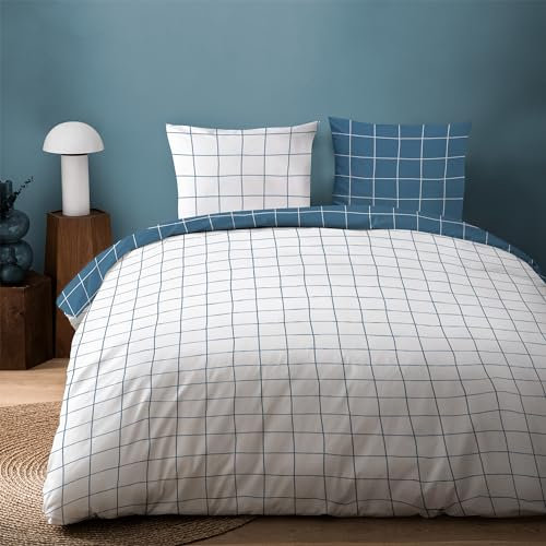 MATT & ROSE Parure de Lit 220x240 cm Checks Imprimée Réversible | 100% Coton | Oeko-TEX | Housse de Couette 220x240 cm + 2 Taies d'oreiller 65x65 cm | Océan