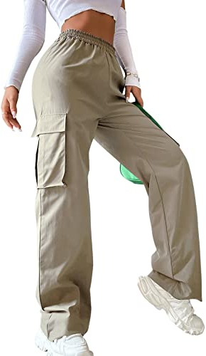 SheIn Damen Cargohose Sweathose Elastische Taille Schlaghose Capri Sport Hosen Streatwear Jogginghose mit Taschen Hell Khaki L
