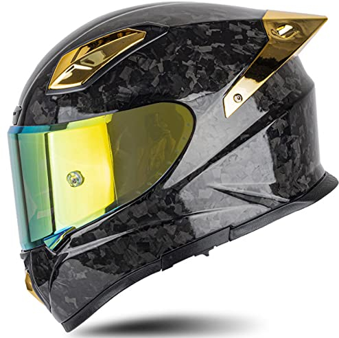 Motorrad-Carbonfaser-Helm DOT/ECE-zugelassener Dual-Visier-Klapp-Integralhelm für Erwachsene, Männer, Frauen, Straßenrad, Motocross-Rennhelm,Gold,3XL