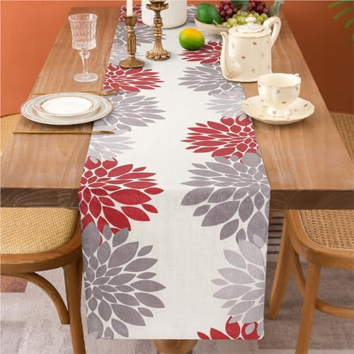 Tischläufer Frühling Modern Wohnzimmer Tischläufer Rot Sommer Dahlie Blumen Tischdecke Geometrische Blumen Leinen Tischläufer für Esstisch Hochzeit Party Rustikale Hochzeit 33 x 183 cm
