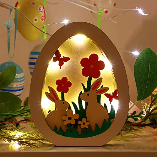 JOFONY Osterhase Lampen,Osterdekoration Holzhase LED Licht aus Holz Nachtlicht Dekorative,Kaninchen Ornament LED Tischdekoration für Ostern Party Dekoration
