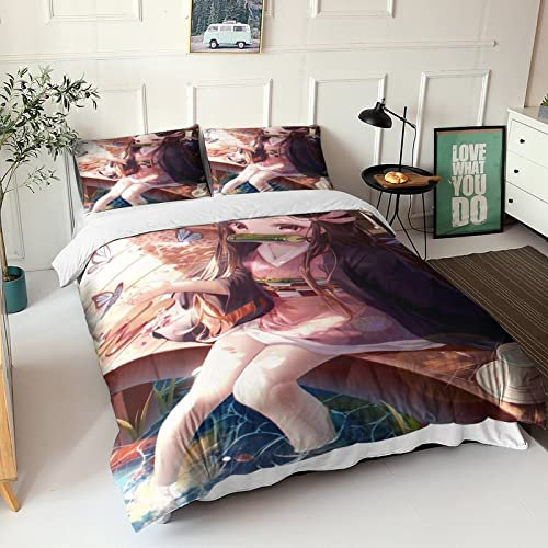 UNDERZY Kimetsu No Yaiba Bettbezüge Bettwäsche - Set Bettbezug Nezuko Kamado Bettwäsche 3 Teilig, 3D Druck Microfaser Duvet Cover Mit Kissenbezug Für KinderJungen Mädchen Deckenbezug King（220x240cm）