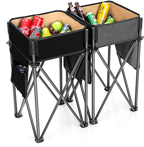 COSTWAY 2 PCS Folding Picnic Tables, Fabric Camping Tables with Large Storage Sink, Side Pockets, Carry Bag & Anti-skid Feet, Portable Ice Bucket Tables for Hiking Fishing Beach (Black+Grey)