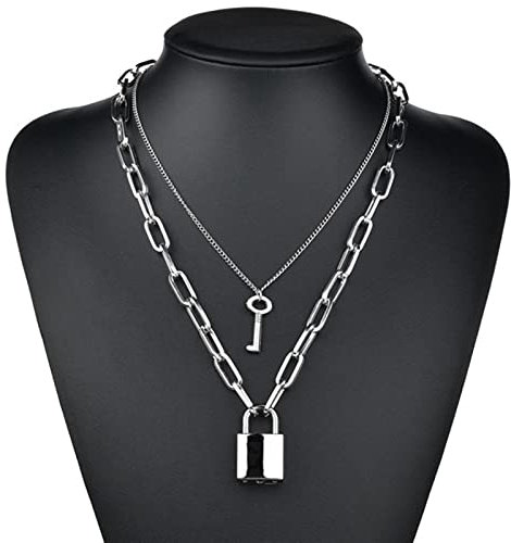 CHOUBAGUAI Große Kette mit Schloss-Schlüssel-Anhänger für Damen/Herren, Punk-Mehrschicht-Vorhängeschloss-Halskette am Hals, Schmuck-Silber