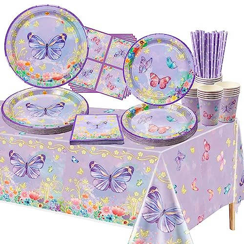 XJLANTTE Decorazioni di compleanno a farfalla - 106 pezzi Farfalle viola Decorazioni per feste Piatti a farfalla, tovaglioli, tazze, tovaglie e cannucce di carta, servire 20