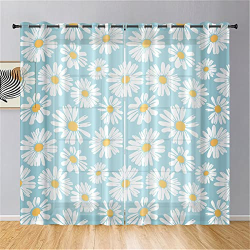 Hiseng Schiebegardinen Voile Vorhang Gardinen 2er Set, Blume Landschaft Sheer Schiebevorhänge Lichtdurchlässig Flächenvorhänge für Wohnzimmer Schlafzimmer Fensterschal (132x160cm,Hellblau)