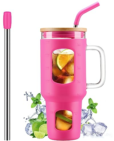 WINSA Gobelet en verre avec paille et couvercle, tasse en verre de 1200 ml avec poignée, bouteilles d'eau en verre avec marqueur de temps, 2 pailles, paille nacrée et manchon de protection en silicone