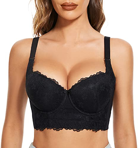 FallSweet Push Up Bras for Women Lace Plus Size Wide Back Underwire Longline Corset Bra(Black, 38D)