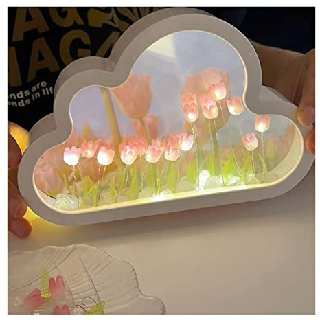 Tulpen Lampe, Wolken Tulpenlampe mit Spiegel, Tulpen Nachtlicht, LED Wolken Tulpen Spiegel Nachtlicht, DIY Simulationsblume Atmosphärenlicht für Schlafzimmer Schlaftisch Wohnzimmer Deko (Rosa)