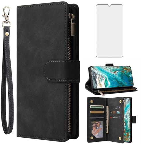 Asuwish Handyhülle für Gigaset GS5 Hülle mit Folie Schutzfolie und Kartenfach Klappbar Leder Geldbörse Ständer GS 5 Reißverschluss Schutzglas Panzerfolie Handy Hüllen Schutzhülle Phone Case Schwarz