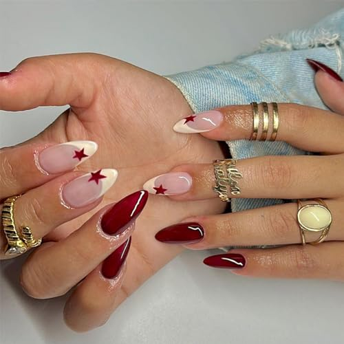 24pcs Medium Almond False Nails French White Tip Stick-on Purple Red Star Press-on Removable Glue-on Full Cover Fake Nail Set for Women Brides Nail Art Accessories