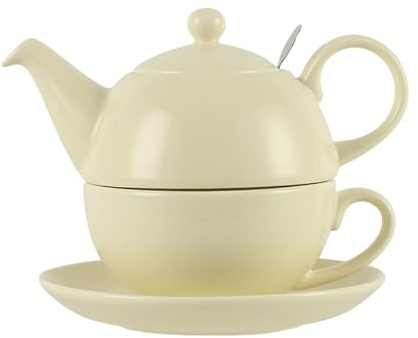London Pottery Globe Filter Teapot, Cup and Saucer, for One Set, Ceramic, Ivory, for Loose Leaf Tea, Gift (Teapot-16.9 fl.oz/500 ML, Cup-10.1 fl.oz/300ML)