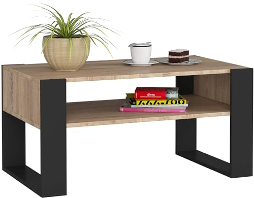 AKORD Couchtisch Holz DOMI mit einem Regal | 92x45x53cm | Für Wohnzimmer | Schlafzimmer Schrank | Minimalistisch Modernes Design | Schichtstoffplatte 16mm | Eiche Sonoma + Schwarze Beine