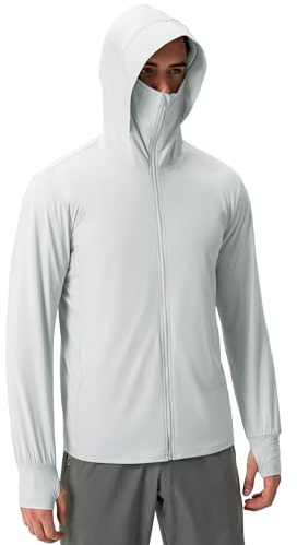 Locachy Men's UPF 50+ Sun Protection Jacket Hooded Lightweight Full Zip Long Sleeve Cooling Hiking Fishing Performance Shirts Light Grey M