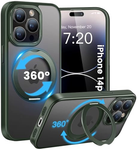 HuwaiH handyhülle für iPhone 14 pro Hülle, [360° Magnetischer Ring Ständer ] [mit Mag-Safe] [Transluzente Matte] Stoßfeste Kratzfeste Schutzhülle für iPhone 14 pro (Dunkel Grün)