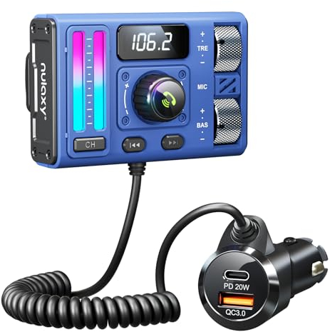 Nulaxy Bluetooth 5.3 Adapter Auto, Musik FM Transmitter mit DSP-Geräuschunterdrückung, 20W Type-C PD & 18W QC 3.0 Freisprechanlage für Auto Bluetooth,Unterstützt BASS & Treble Booster Siri Google
