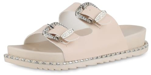 VAN HILL Damen Pantoletten Flach Schnallen Trendy Schuhe 214834 Beige Nieten 39