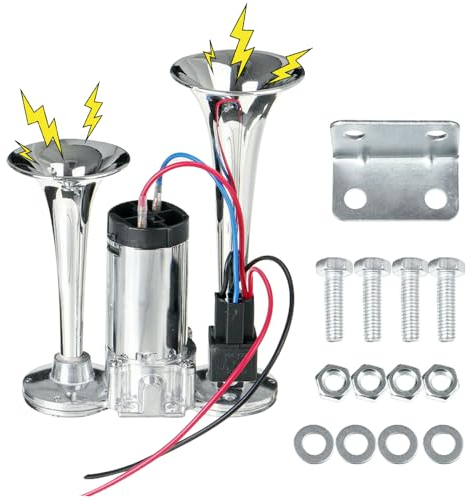 Mineup LKW Hupe 12V, 128db Laut Doppelrohr Lufthorn, Autohupe Mit Kompressor, Doppelrohrhupe, Chrom Zink Dual Druckluft Horn, Drucklufthorn Auto, Air Horn Kit für Alle 12 V Auto Zug Van Boot Motoren