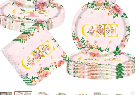 AIBAOBAO Vaisselle Anniversaire Fille 1 an, 24 Invites Fleurs Roses 'ONE' Fête D'anniversaire Serviettes Assiettes Papier, Set de Vaisselle de Fête d'anniversaire pour Fille, pour 24 Personnes