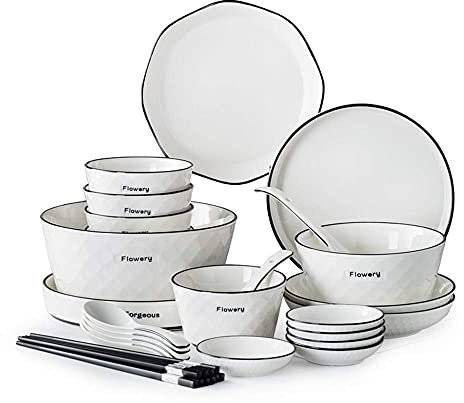 AYCDL Service de Table Blanc 60 pièces – Assiettes et Bols pour 12 Personnes, Service de Vaisselle de Luxe en céramique, Motif Diamant de Style Nordique, Ligne Noire, pour ami(Blanc 28 pièces)
