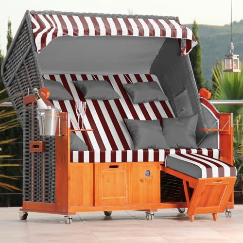 DERKORB Strandkorb 2,5 Sitzer Ostsee XXL Volllieger, fertig montiert mit Rollen, 160cm breit, ideal für Garten Terrasse Balkon (Rot Weiß Blockstreifen)