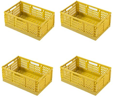heqxwl 4 Stück Faltbare Kunststoff Aufbewahrungsbox, Einkaufskiste Klappbar, Stabil Klappboxen Faltbar für Küche, Büro, Schlafzimmer, Schrank, Schublade (Gelb, M)