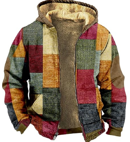 Sweat a Capuche Patchwork a Carreaux pour Hommes, Veste Ethnique a Imprimé Aztèque 3D Vintage de Style Occidental, Manteau D'hiver Manches Longues Fermeture Éclair(Coat G,L)