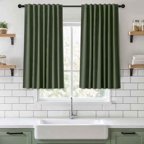 UHITECH Kurze Leinenvorhänge, 114 cm lang, für Wohnzimmer, 2 Paneele, Thermovorhänge für Fenster, Raumverdunkelungsvorhänge, Verdunkelungsvorhänge für Schlafzimmer, olivgrüne Vorhänge, verdunkelnd