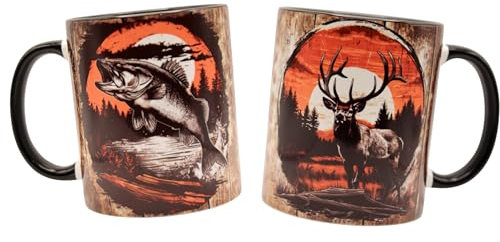 Shopi Zone Keramikbecher mit Fisch- und Jagdmotiv - Naturlandschaften und Wildtiere im künstlerischen Stil