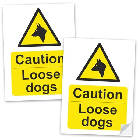 SAFESIGN (2 Pack) Caution Loose Dogs PVC Sign Stickers - 200mm x 150mm - Vinyl Conforms to EN ISO 7010:2012