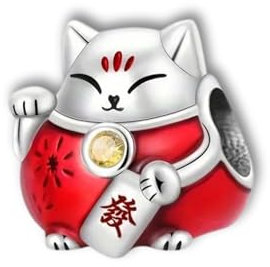 JOME Glückskatze Charm aus 925er Sterlingsilber – Maneki Neko Anhänger mit roter Emaille und Zirkonia – Kompatibel mit europäischen Armbändern – Symbol für Glück & Erfolg