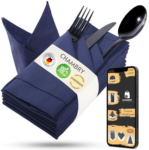 Chambry 6 Stoffservietten aus 100% antibakterieller Bio-Baumwolle 40x40 cm Blau Ink. Faltanleitung als E-Book handgefertigt in Deutschland elegant robust ideal für Geburtstagsfeiern und Hochzeiten