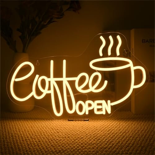 SIGNSHIP Coffee Open Neon Led, Café Led Neon Dimmable Blanc Chaud, Coffee Enseigne Lumineuse USB pour Décoration Murale, Enseignes Lumineuses pour Café,Pâtisserie,Restaurant