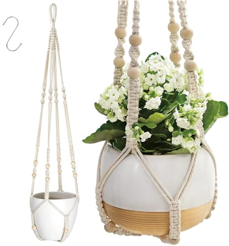 Esshogo 1 Stück Boho Deko Baumwollseil Hängeampel, Makramee Blumenampel | Makramee Blumenampel,Perlen ohne Quasten Pflanzen Halter Aufhänger, Deko Baumwollseil Blumentopfhalter