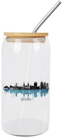 Yelolyio Tasse en verre avec couvercle en bambou et paille - Motif paysage urbain du Québec - Cadeau amusant pour amis, femmes et hommes - 473,6 g