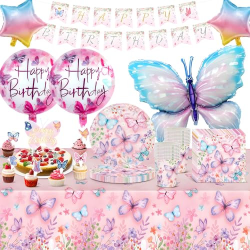 Forniture per Decorazioni Compleanno Farfalla, 92 Pezzi Stoviglie per Ragazzi Ragazze Bambini 20 Ospiti Include Grande Palloncino in Foil Bandiera Topper per Torta Piatti Tovaglia Tazze Tovaglioli
