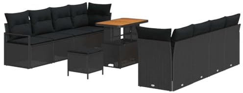 vidaXL Garten-Sofa-Set mit Kissen 11 pcs Schwarz Poly Rattan, Garten- und Terrassen Lounge Set, rechteckig, modern, modulare Sofas, verstellbare Füße, langlebige Möbel