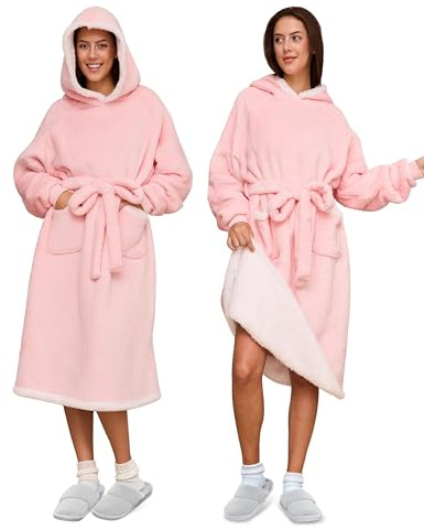 Glamnest Wearable Fleece Blankets for Women, Long Wearable Hooded Sweatshirt with Hood, Pocket Sleeves Soft Flannel Hooded Blanket for Adults Mother's Day Wife Gifts 120CM/Pink